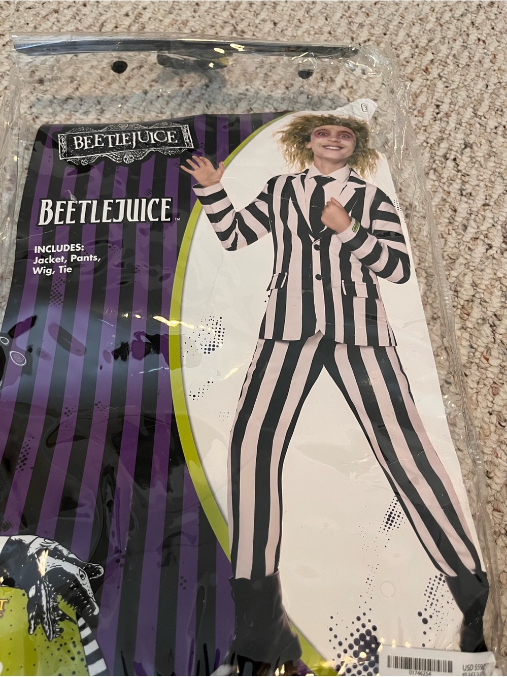 Spirit Beetlejuice Child Costume Medium 8-10 Halloween Jacket Pants Tie New Wig